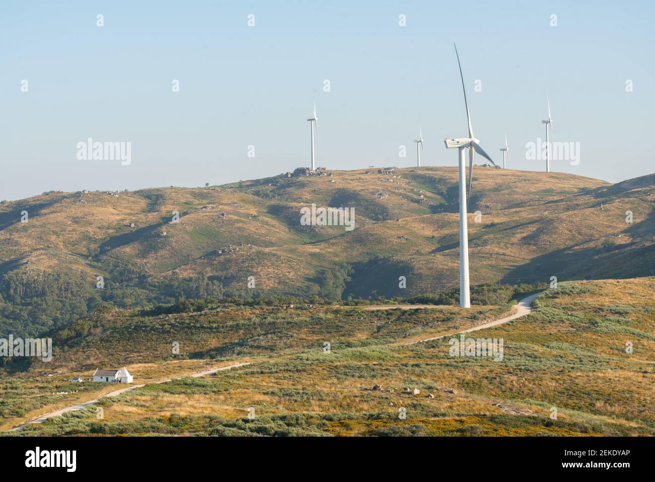 Wind turbines eolic renewable energy in Fafe landscape, Portugal Stock Photo