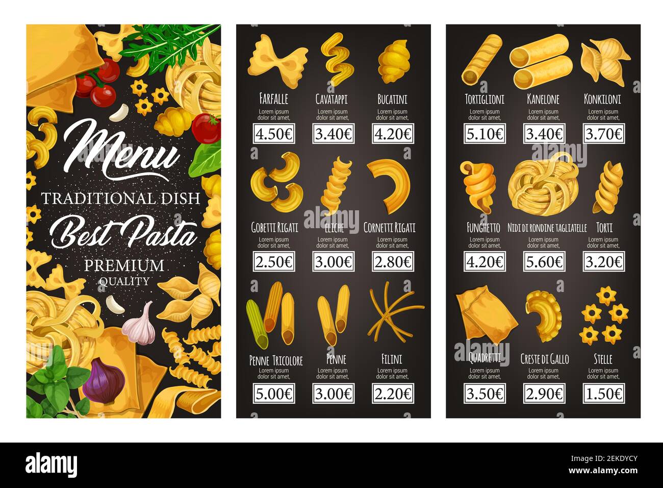 Italian cuisine restaurant vector menu of pasta, spaghetti and macaroni