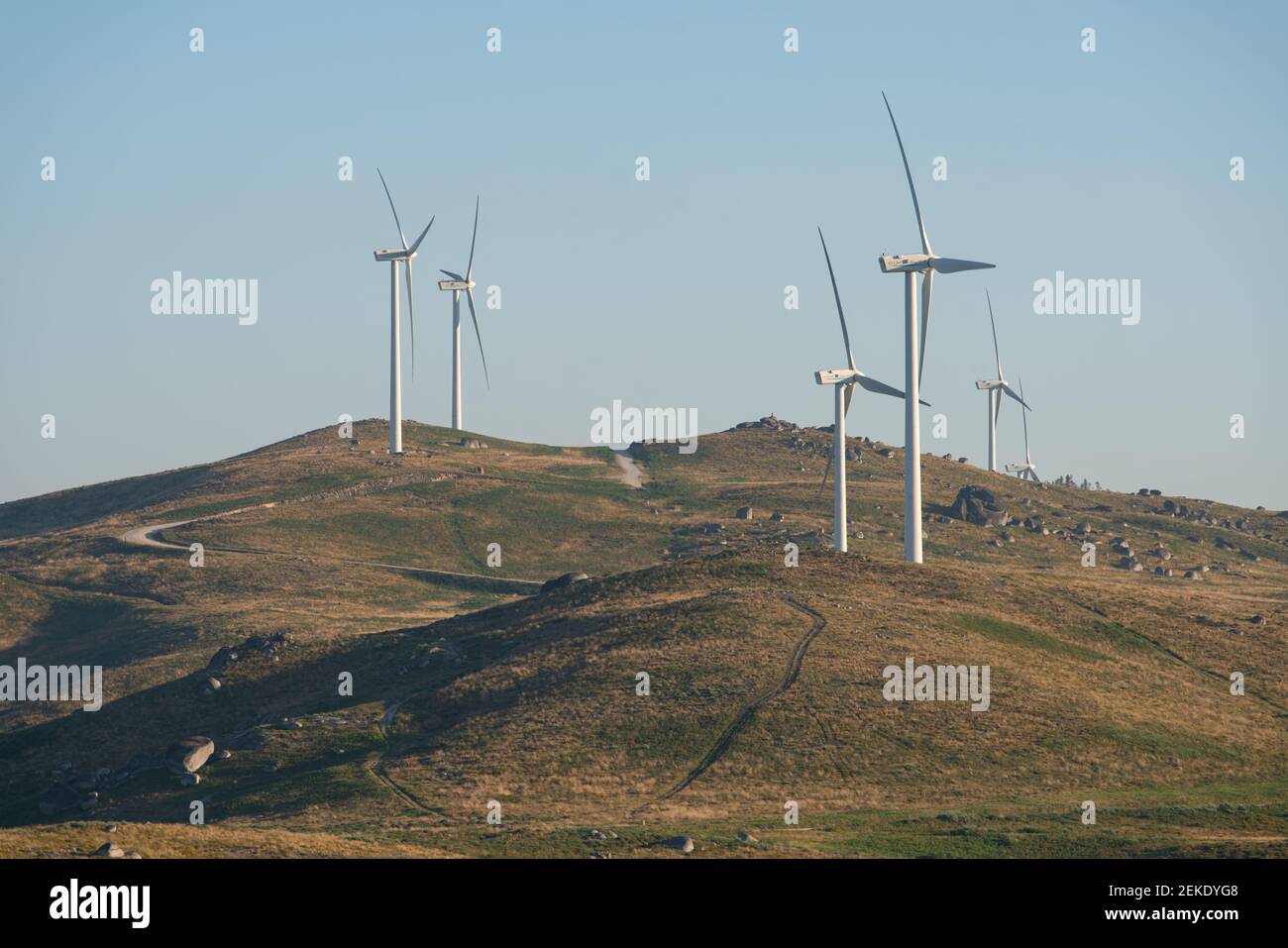 Wind turbines eolic renewable energy in Fafe landscape, Portugal Stock Photo