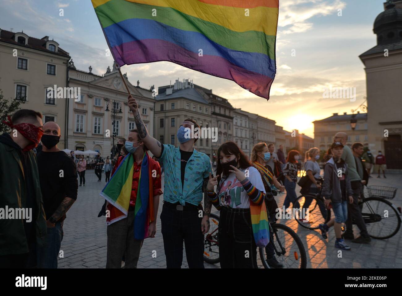 A Pro Lgbt Protester Holds An Lgbt Rainbow Flag During The Demonstration Two Protests Took Place In Krakow S Main Market Square Members Of The National Movement And The Pro Life Foundation Right To Life
