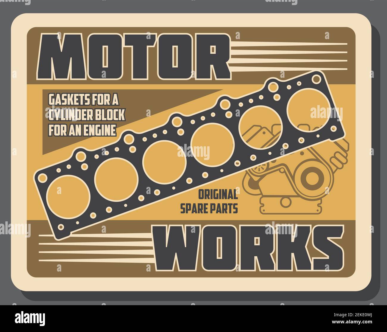 Car engine spare parts vector design of auto repair service and vehicle motor works. Automobile cylinder head gasket with mechanic gear, belt and pist Stock Vector