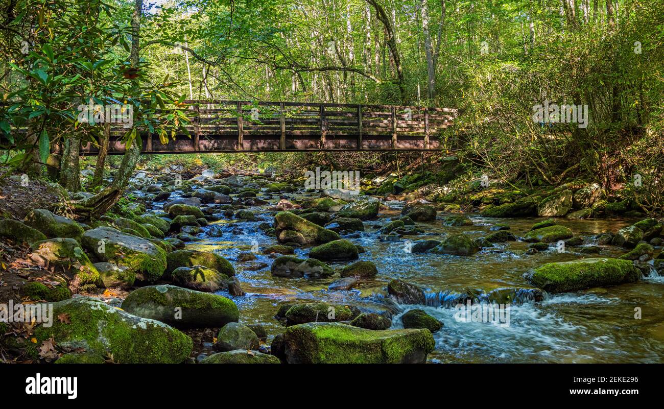 Bridge over Little Pigeon River in the Greenbrier area of Great Smoky Mountains National Park, Tennessee, USA Stock Photo