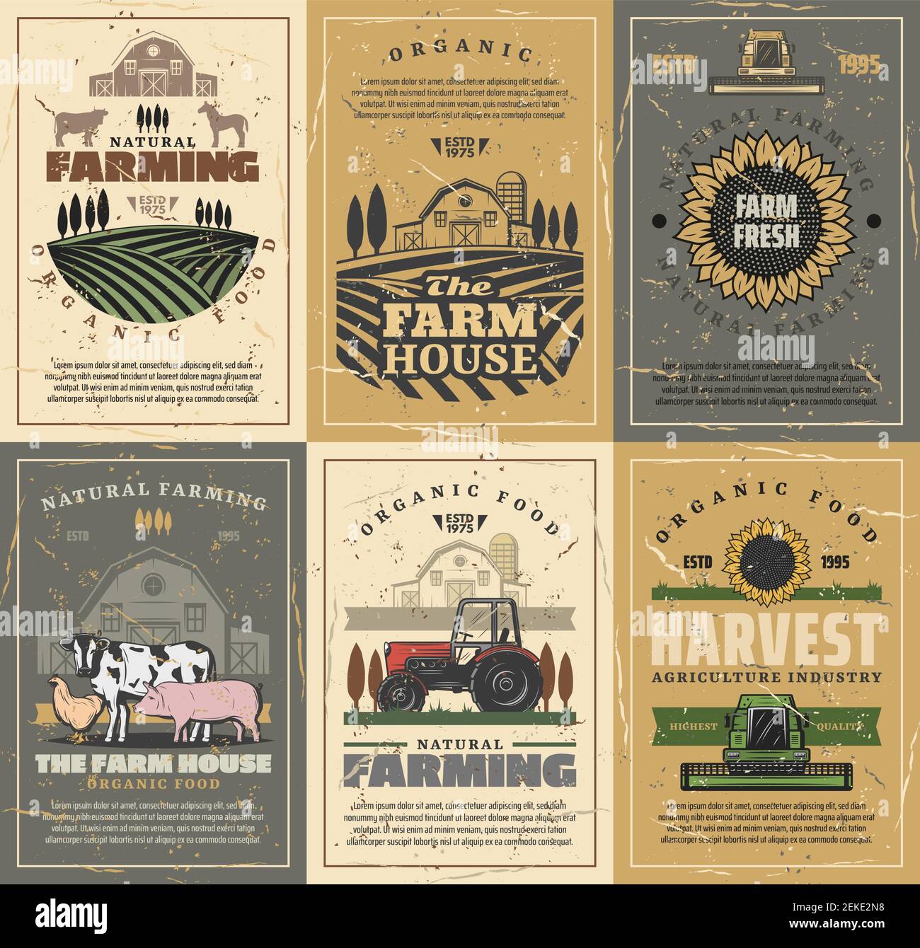 Agriculture and farming vector design with farm field, tractor and barn, cow animals, vegetables and sunflower, chicken, rooster and horse. Meat, milk Stock Vector