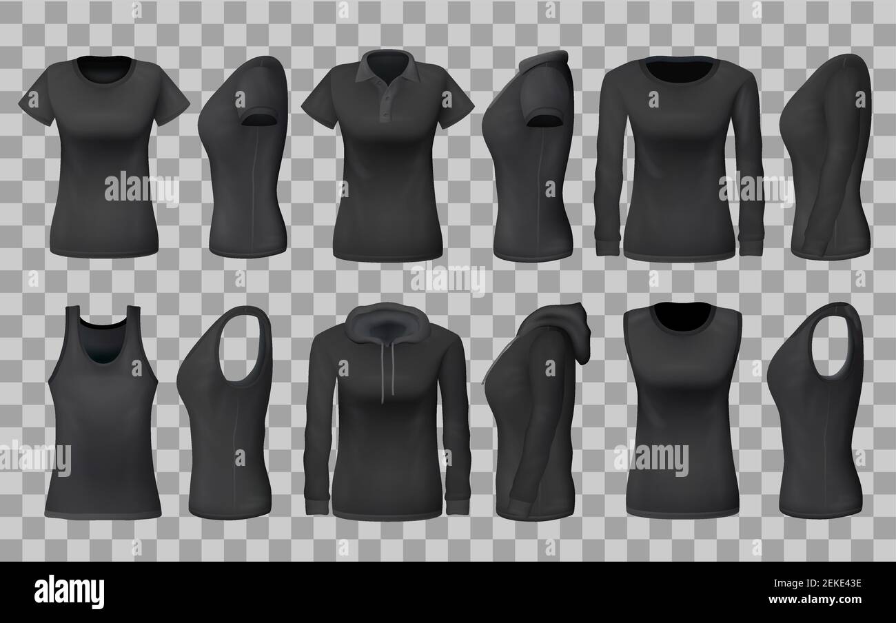 Women clothes apparel black templates and 3D realistic sportswear mockup  models. Vector front and side view isolated t-shirts, sport tank tops and  hoo Stock Vector Image & Art - Alamy