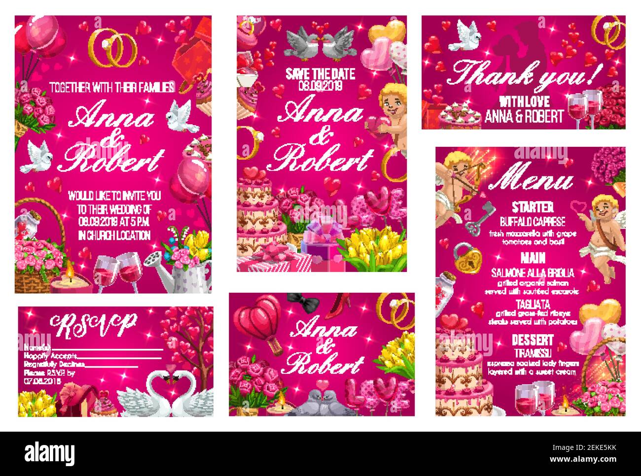 Wedding ceremony invitations, Save the date greeting cards, RSVP and menu  template. Vector welcome on engagement party, bride and bridegroom names,  br Stock Vector Image & Art - Alamy
