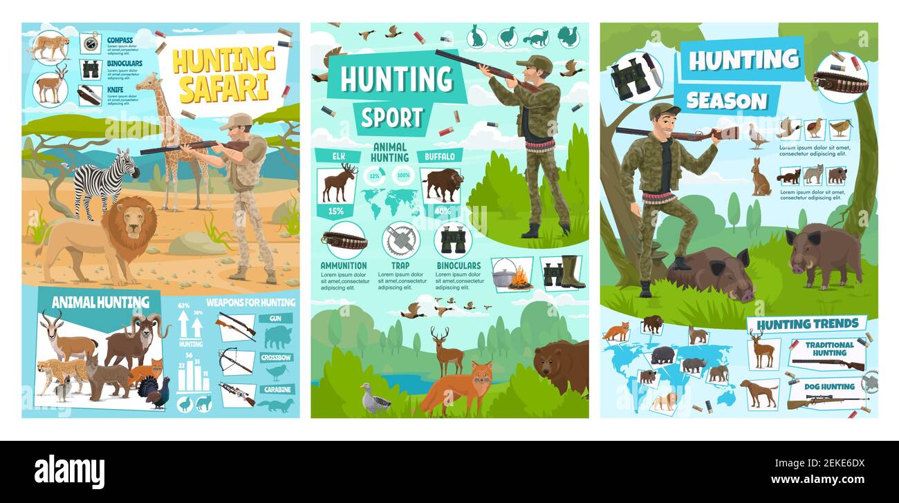 African safari hunt, wild animals hunting season posters. Vector hunter