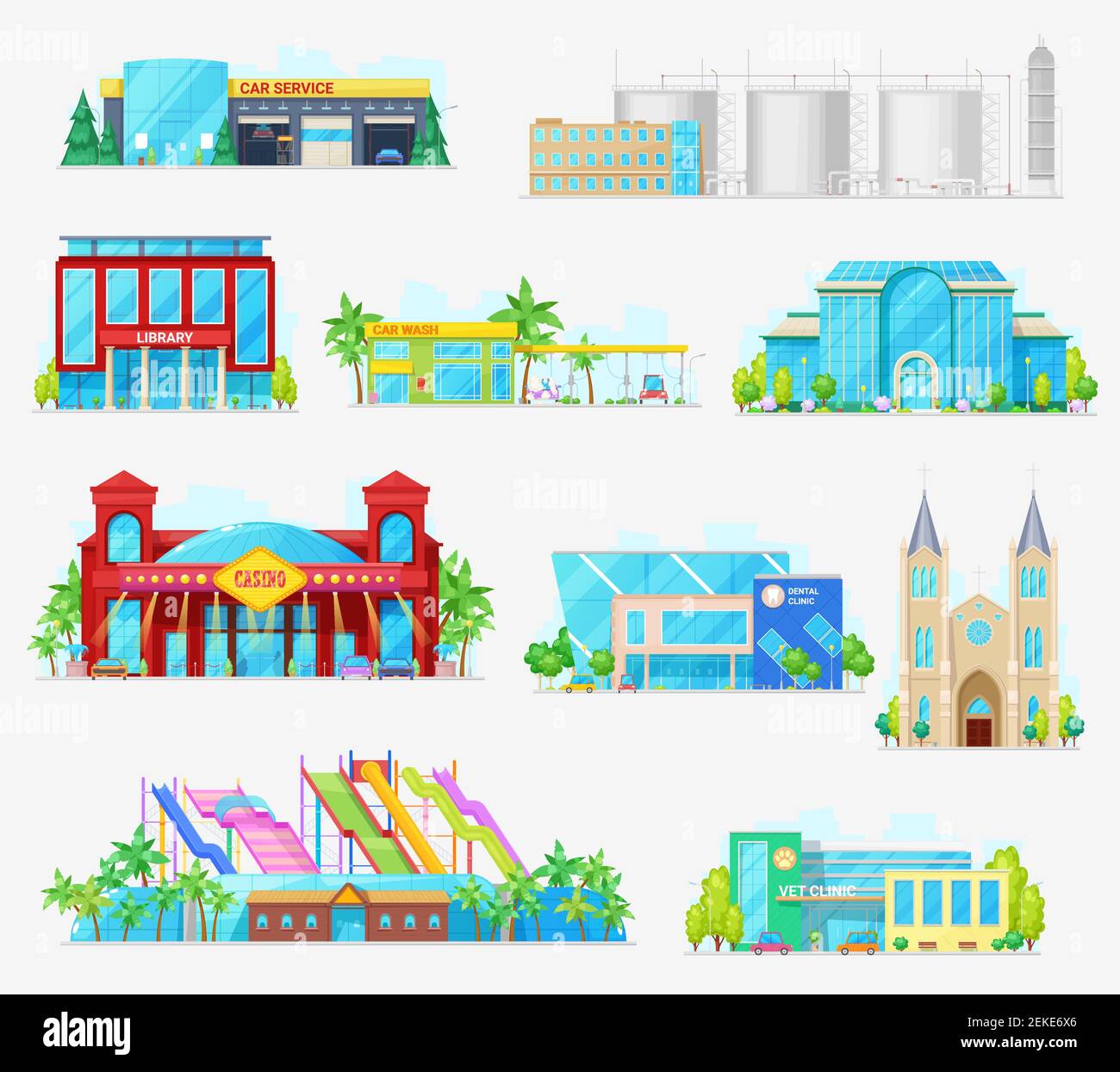 City buildings, industrial, houses and municipal architecture. Vector isolated icons of car wash and service garage, factory and aquapark, veterinary Stock Vector