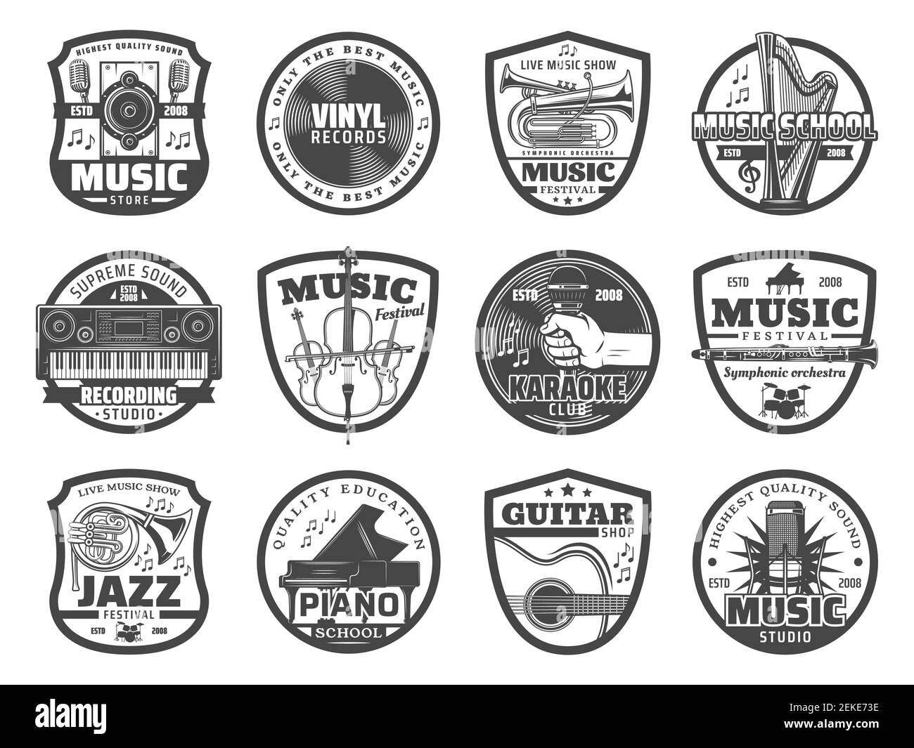 Musical instrument and equipment badges of music shop and sound recording studio vector design. Guitar, piano and microphone, vinyl records, trumpet a Stock Vector