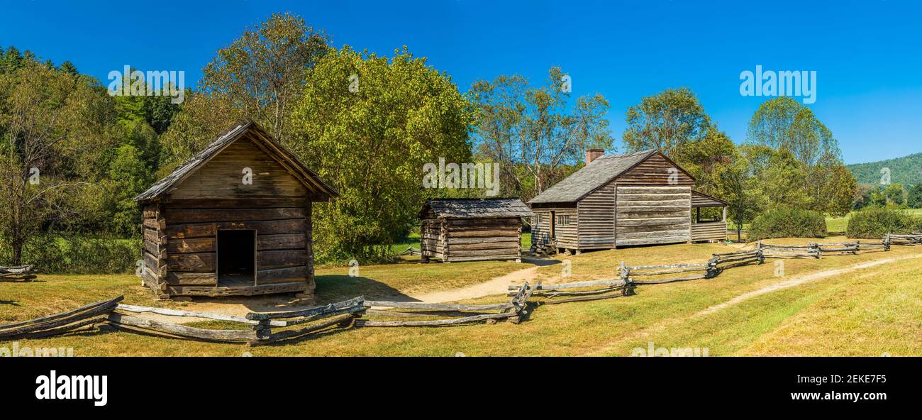 Log cabins on edge of lush green forest, Tipton Place, Cades Cove, Great Smoky Mountains National Park, Tennessee, USA Stock Photo