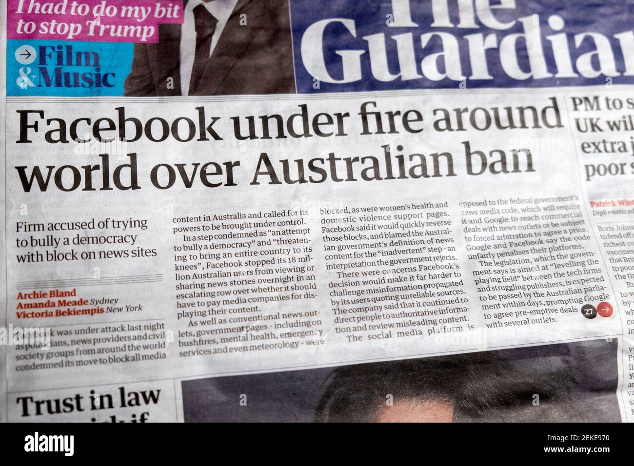 Facebook under fire around world over Australian ban" Guardian front page newspaper headline Australia article on 19 2021 Stock Photo -