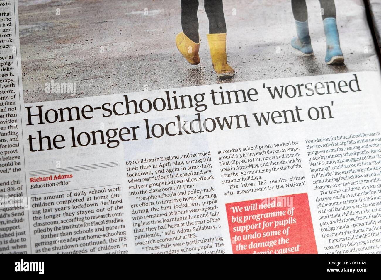 'Home-schooling time 'worsened' the longer lockdown went on' Guardian newspaper headline education covid article inside on 19 February 2021 London UK Stock Photo