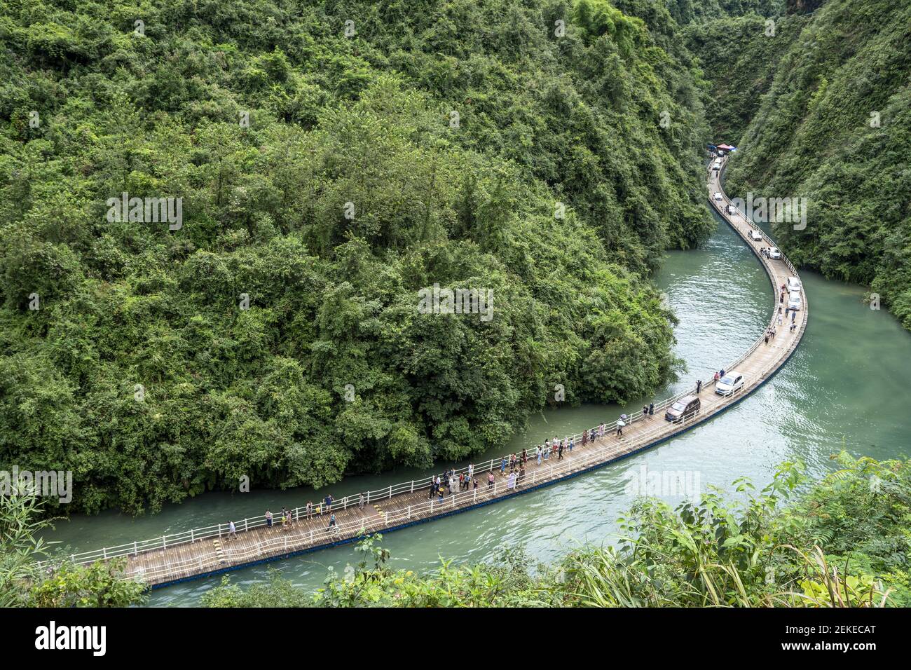 Aerial view of people walking on a float bridge at Shiziguan Village in ...
