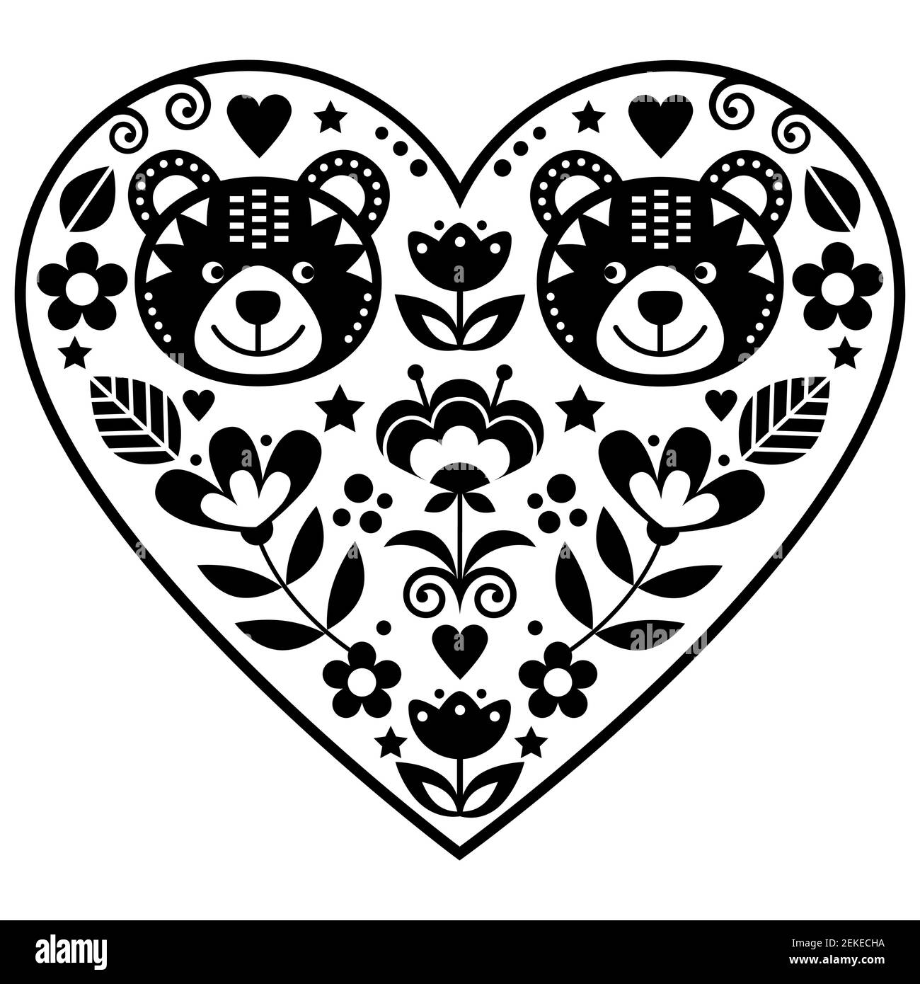 Scandinavian heart with two bears in love and flowers folk art vector design, black and white Valentine's Day floral greeting card or wedding invitati Stock Vector