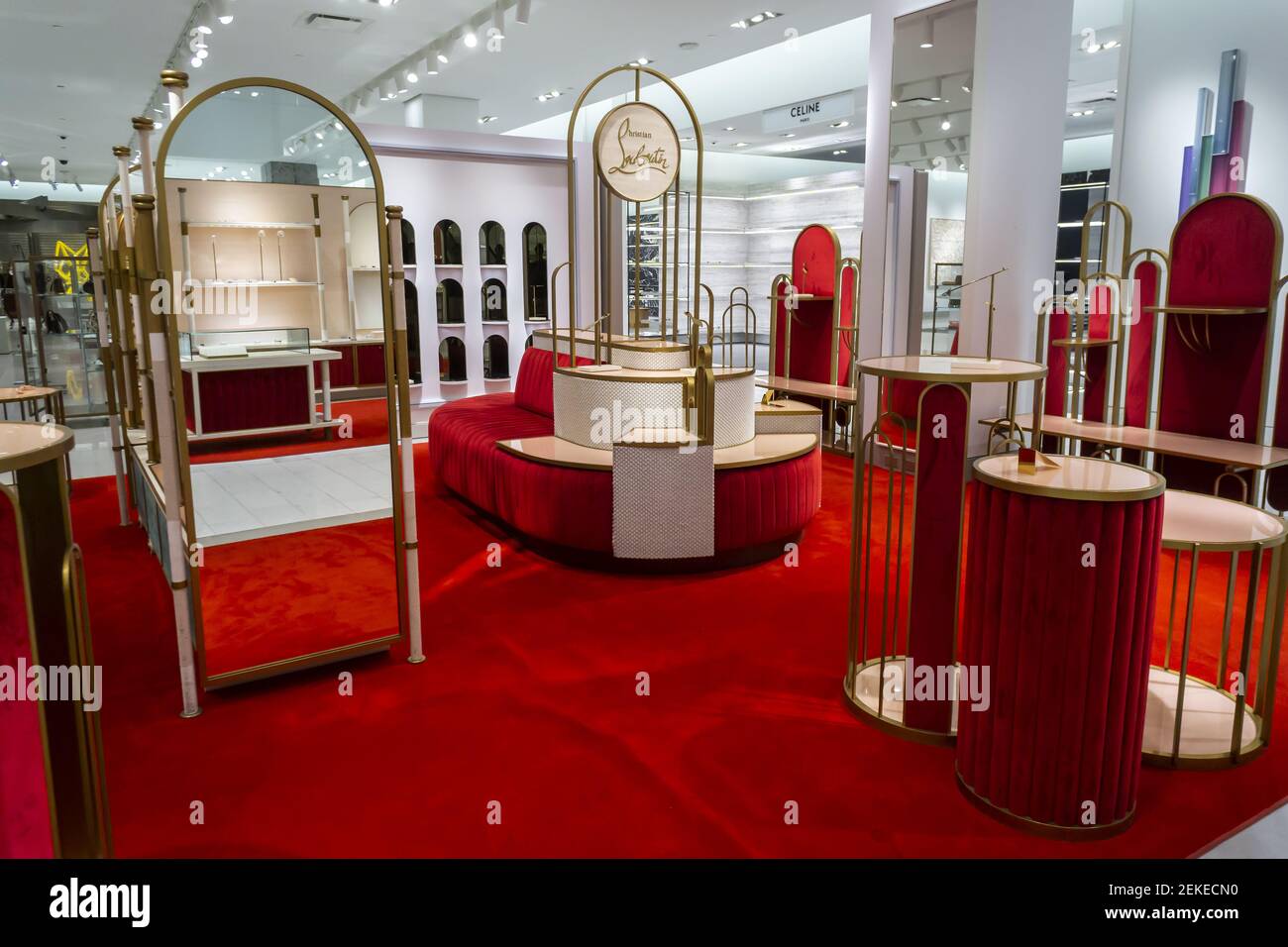 Empty Christian Louboutin display in the closing Neiman Marcus store in  Hudson Yards in New York on Friday, August 21, 2020. In bankruptcy, Neiman  Marcus is vacating their location in Hudson Yards