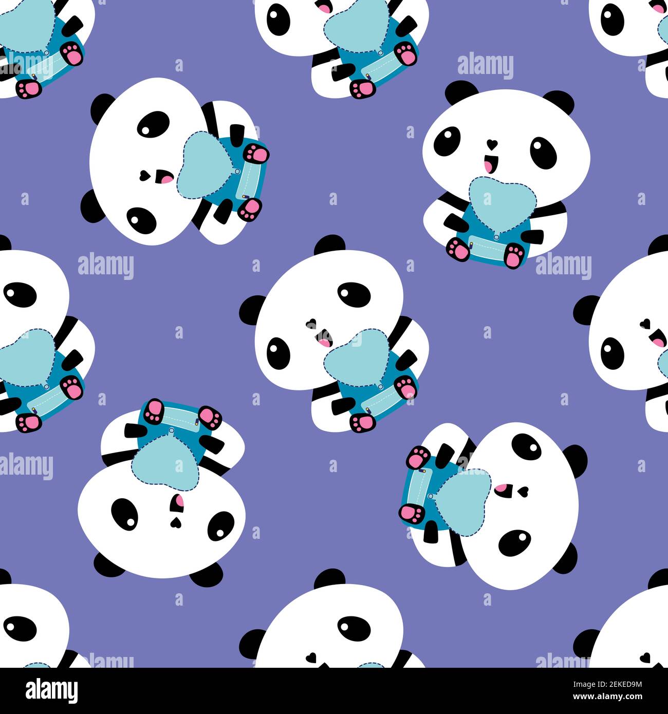 Cute Kawaii vector panda seamless pattern background. Sitting cartoon bears holding blue backpacks and school bags on purple backdrop. Fun character Stock Vector