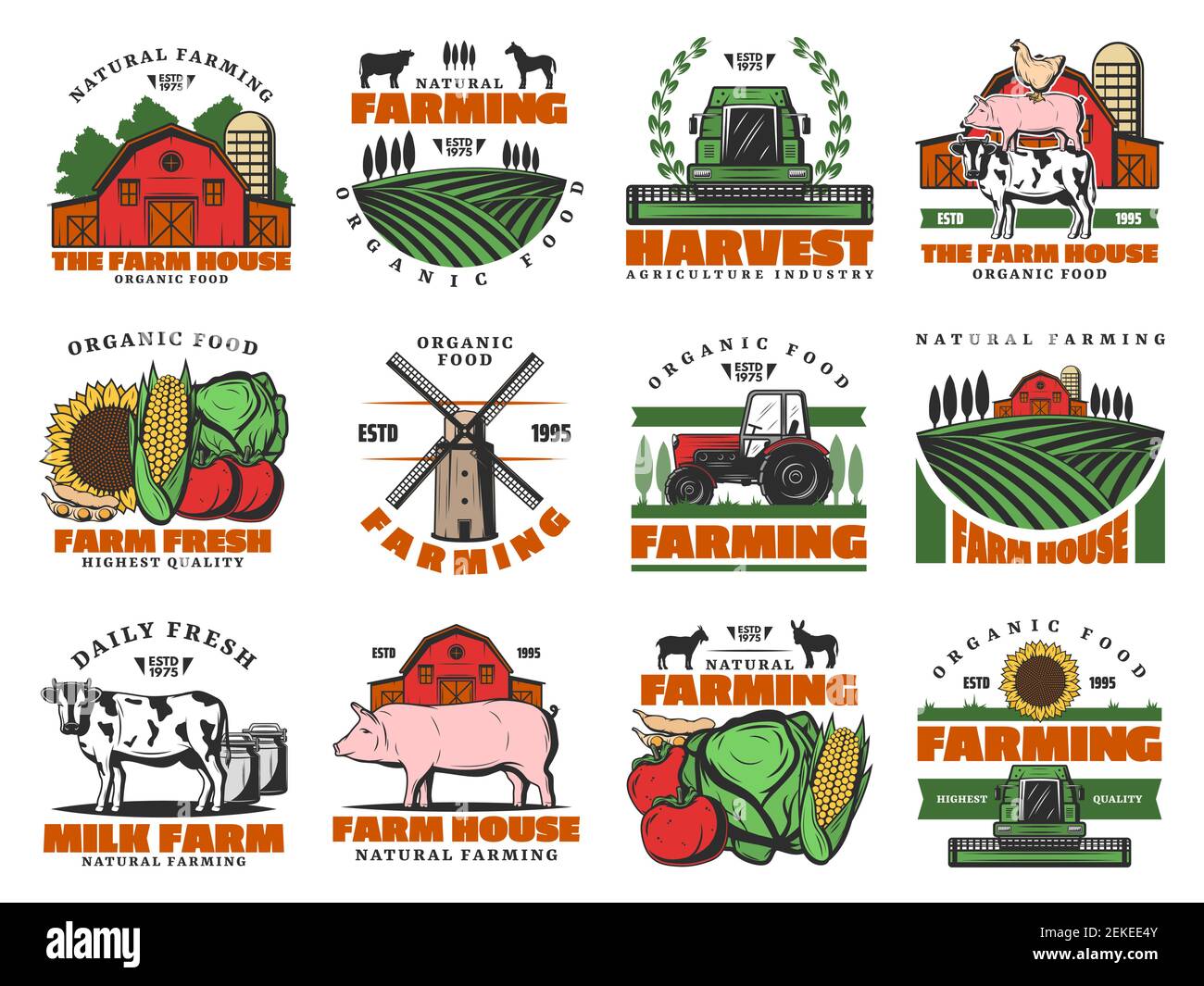Farm agriculture icons, cattle farming organic food products meat and