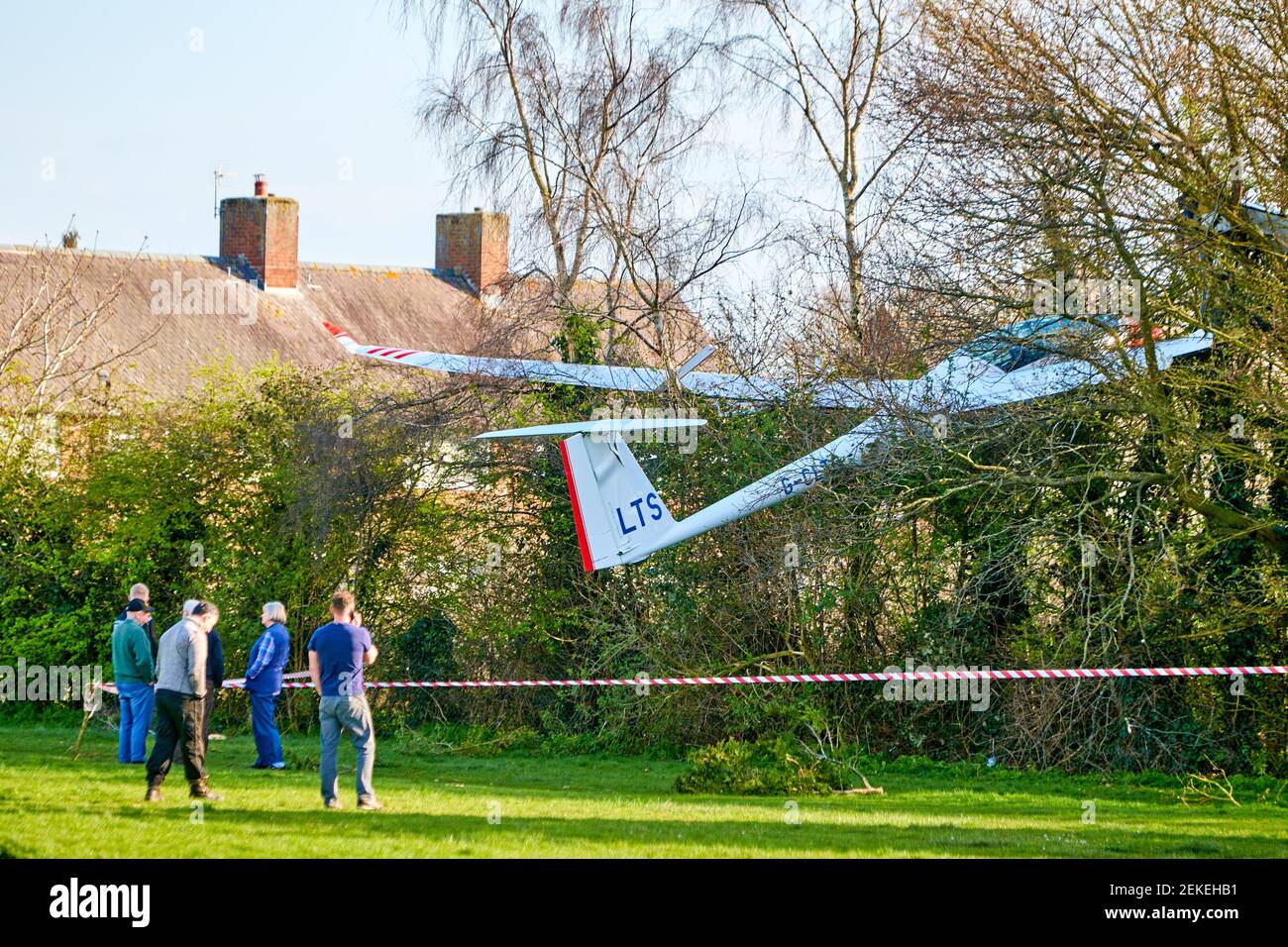 General view of a Schempp-Hirth Arcus T glider after it crashed into trees in Caversfield Park near Bicester. The pilot escaped uninjured. Stock Photo