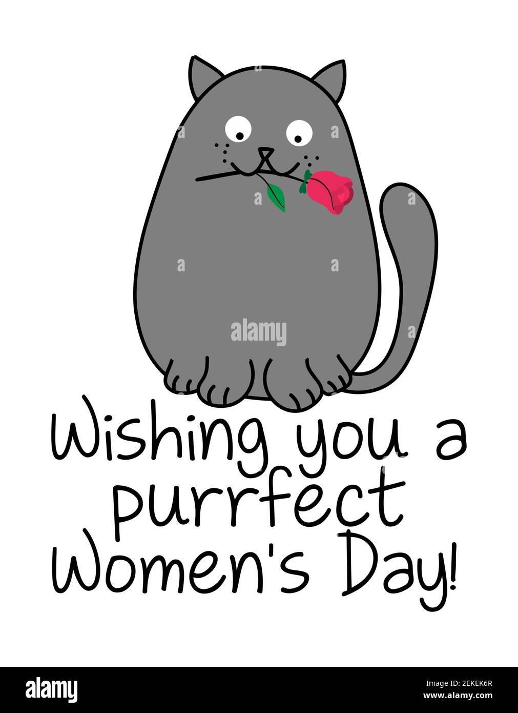 Wishing you a purrfect (perfect) Women's Day - Cute gray cat with a red rose, cartoon vector doodle illustration. Funny doodle animal. Stock Vector