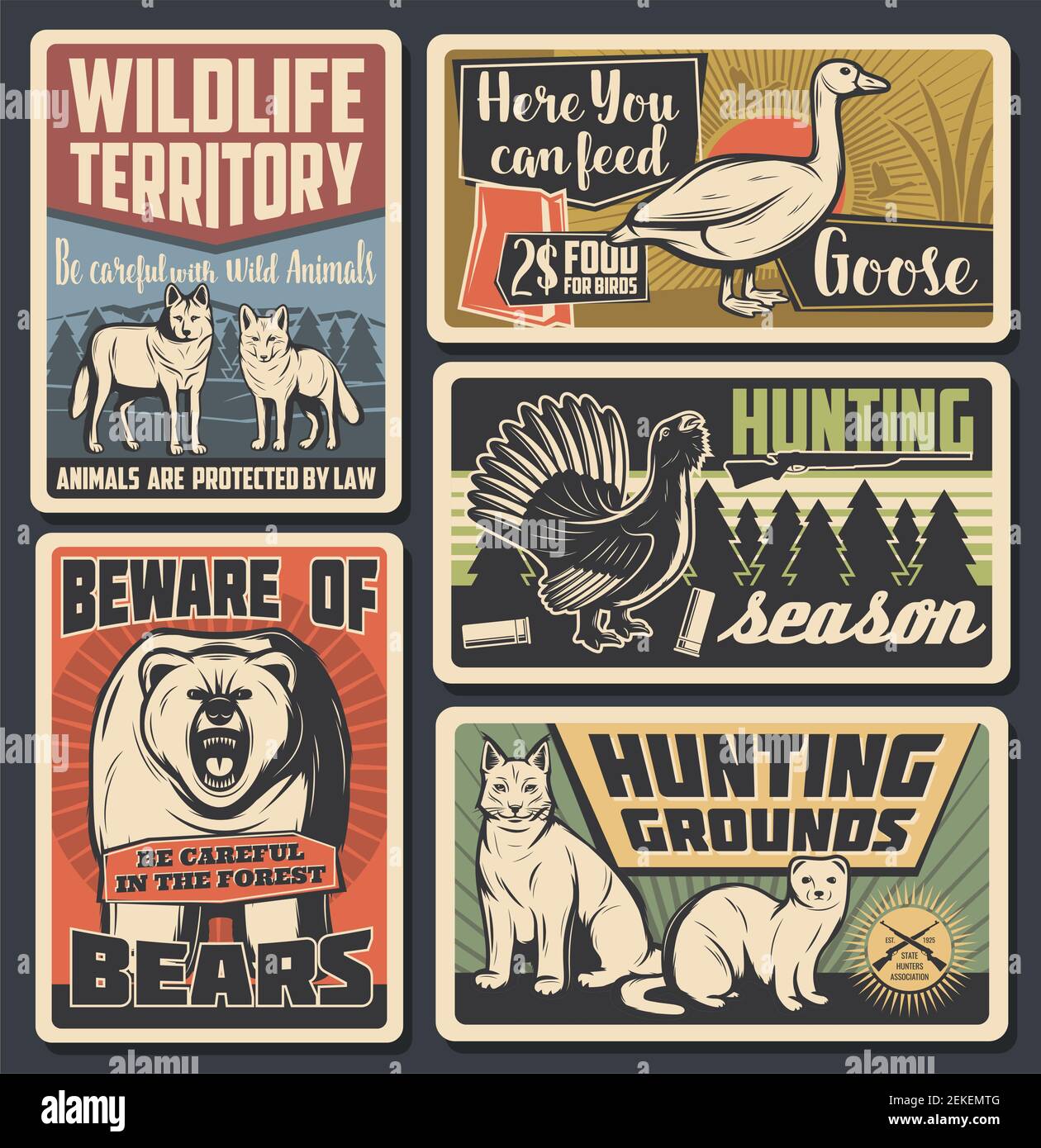 Hunting open season, wild animals natural park and beware of bear warning vintage posters. Vector wildlife wolf and fox territory, forest bobcat lynx Stock Vector