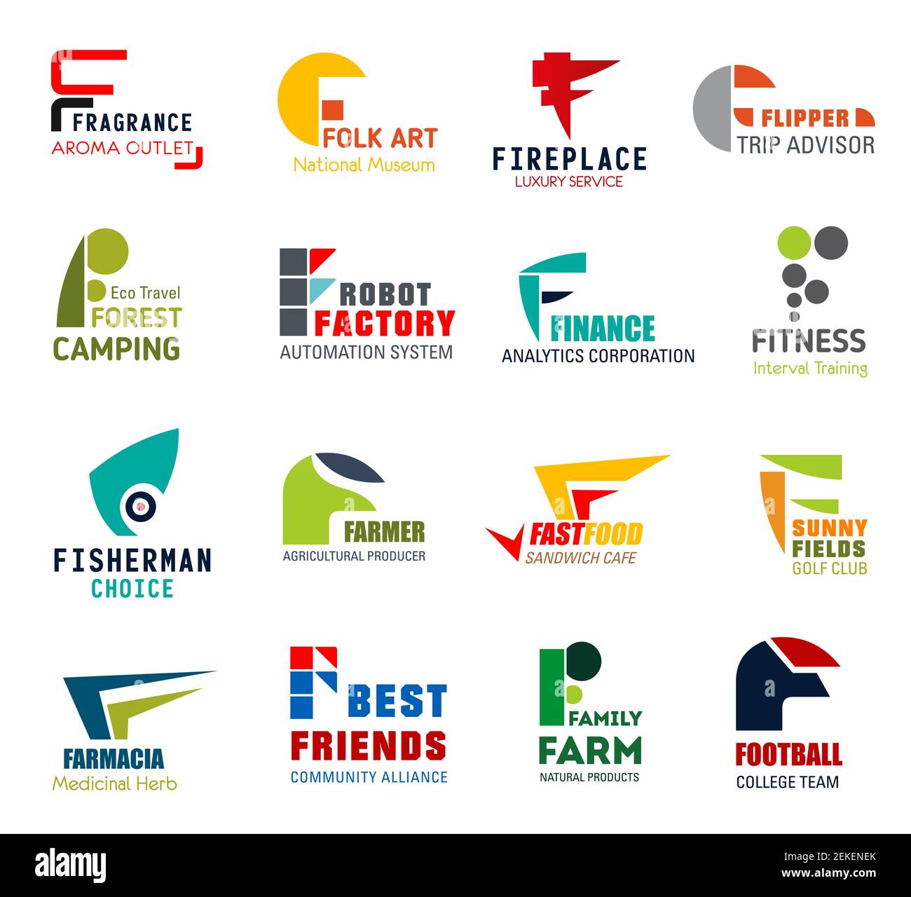Corporate identity letter F business icons. Vector perfumery and art, recreation and travel, technology and finance, sport and fishing. Farming, food Stock Vector