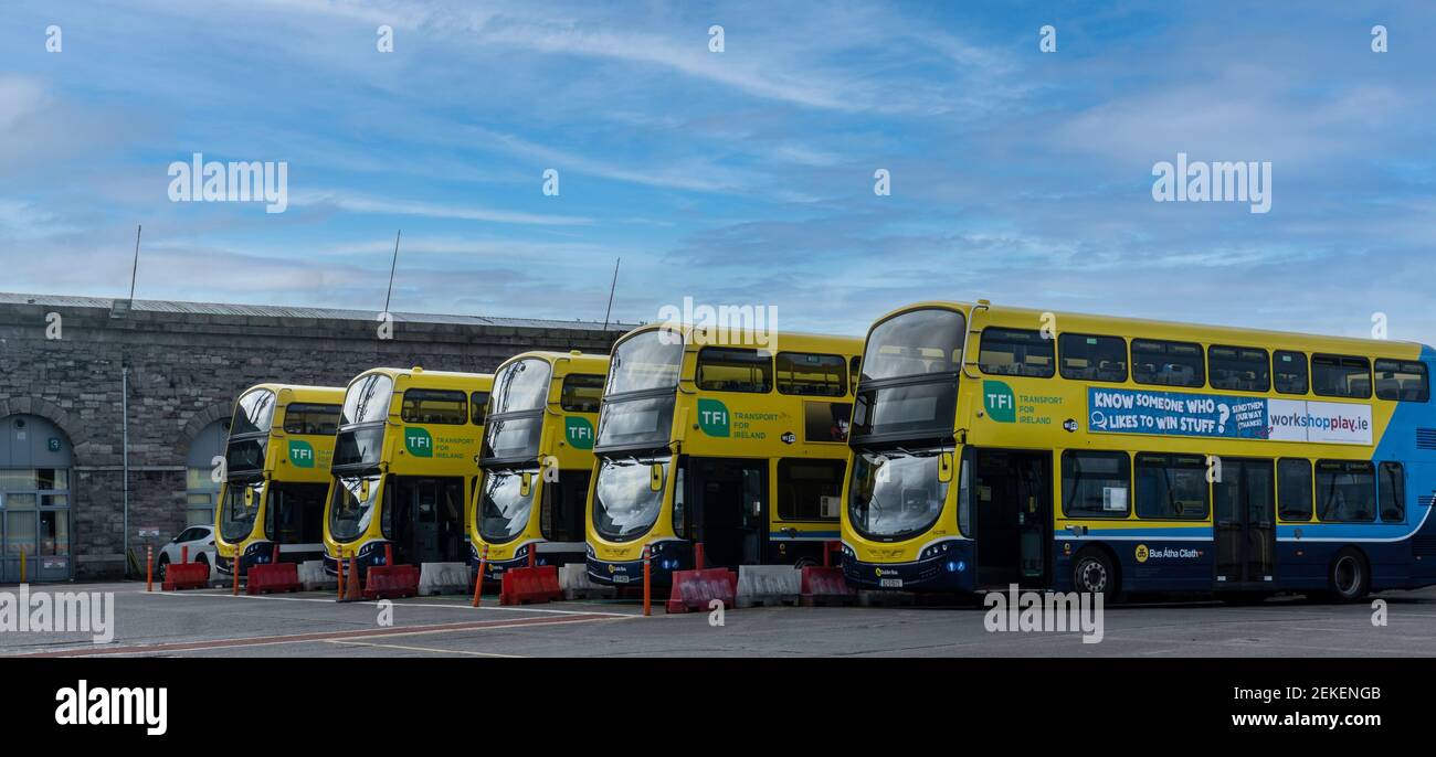 Dublin Bus buses lined up in the Broadstone Depot, Phibsboro, in Dublin Ireland.  Dublin Bus is the major passenger bus carrier in Dublin. Stock Photo