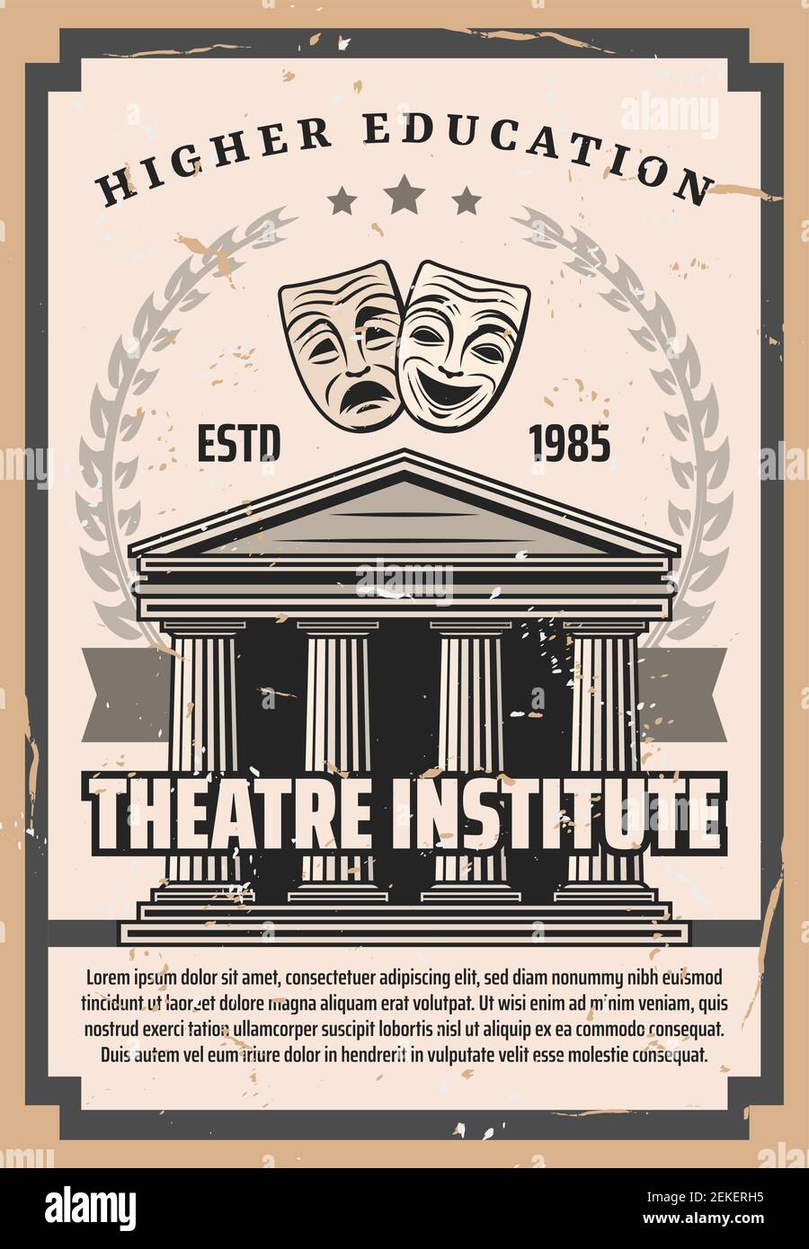 Theater institute vintage poster, art performance and actor school higher education university. Vector comedy and tragedy masks, antique Greek or Roma Stock Vector