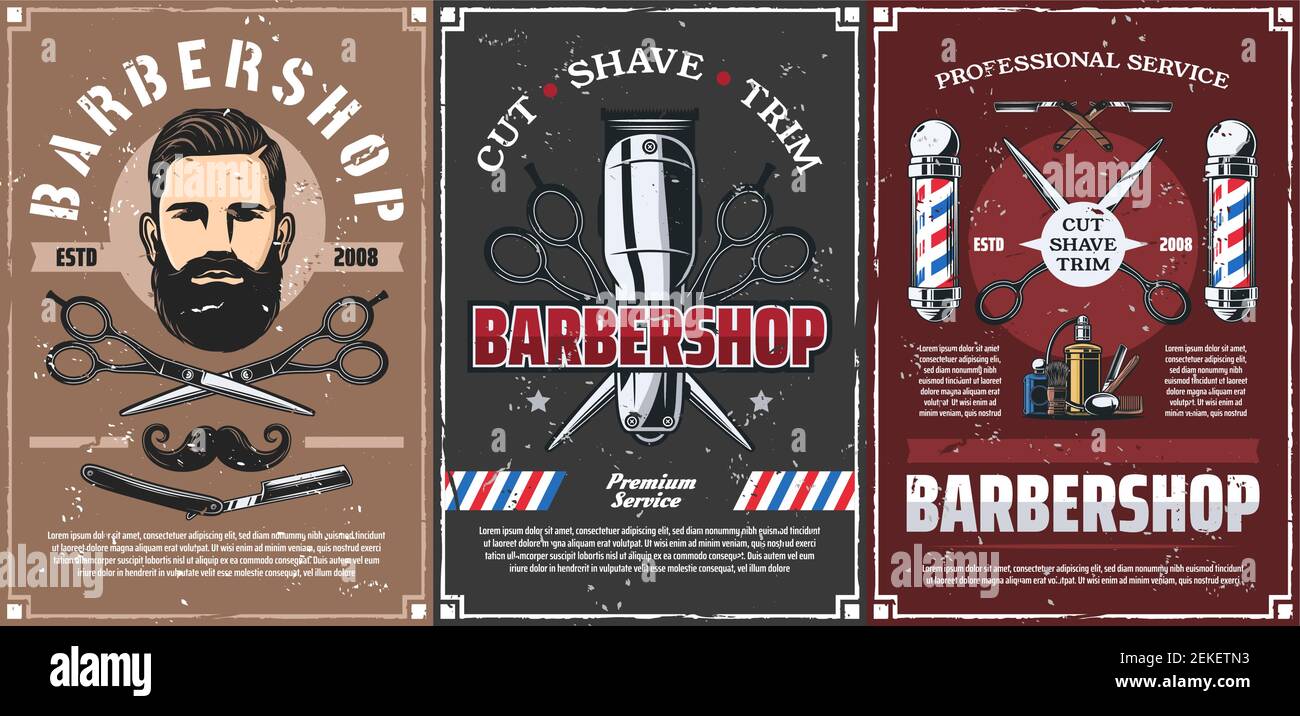 Barbershop professional men hairdresser salon vintage posters. Vector  mustaches trim, shave and hair cut service, barber shop pole signage,  scissors a Stock Vector Image & Art - Alamy