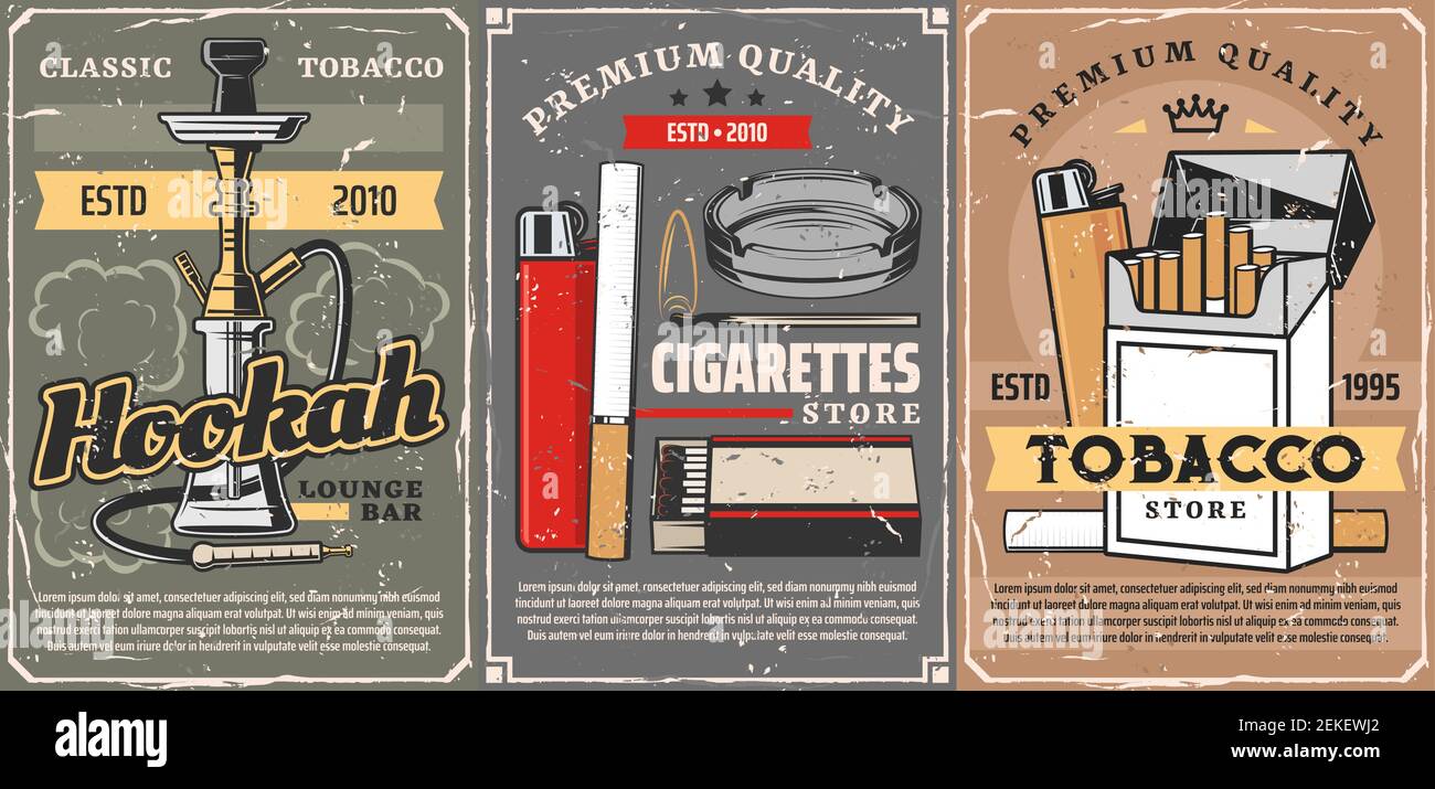 Cigars, cigarettes and premium quality tobacco store vintage posters. Vector smoking products shop, hookah and shisha lounge bar, lighter and matches Stock Vector