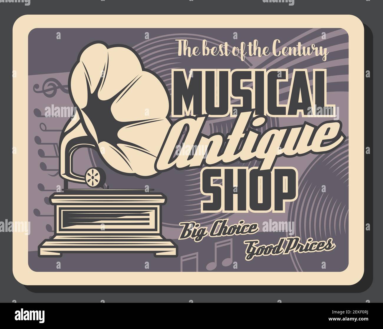 Retro musical instruments shop and antique music salon vintage poster. Vector music notes, phonograph gramophone and vinyl records, rarity songs and r Stock Vector