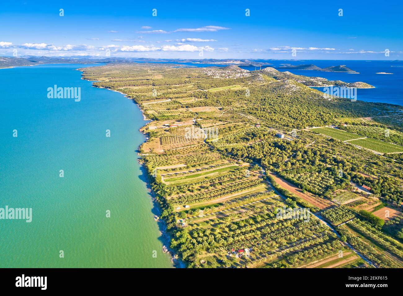 Vransko lake and Pakostane Adriatic archipelago aerial view, Dalmatia region of Croatia Stock Photo