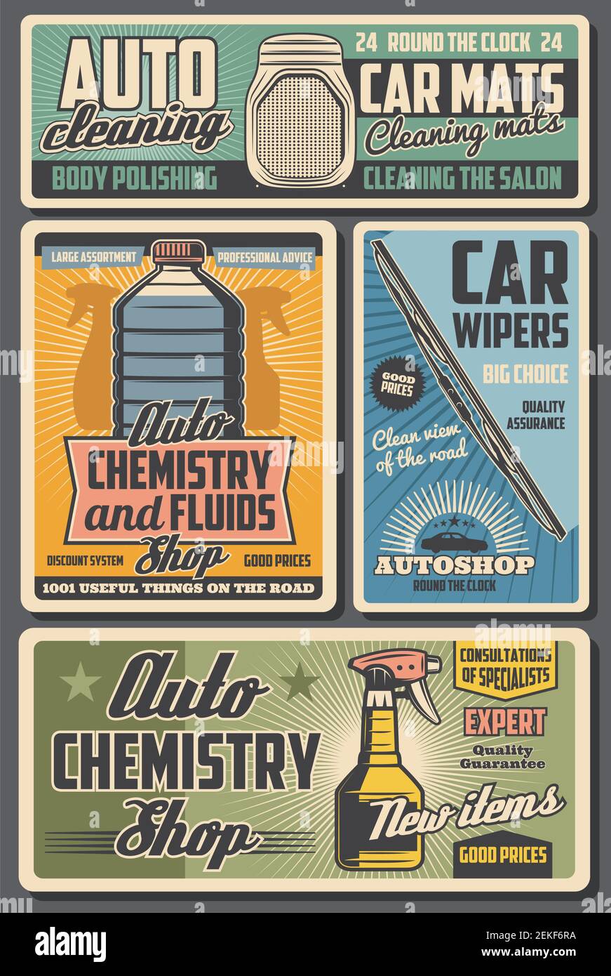 Automobile spare parts autoshop and car accessories vintage posters. Vector car service vehicle mats cleaning salon, auto chemistry fluids and windshi Stock Vector