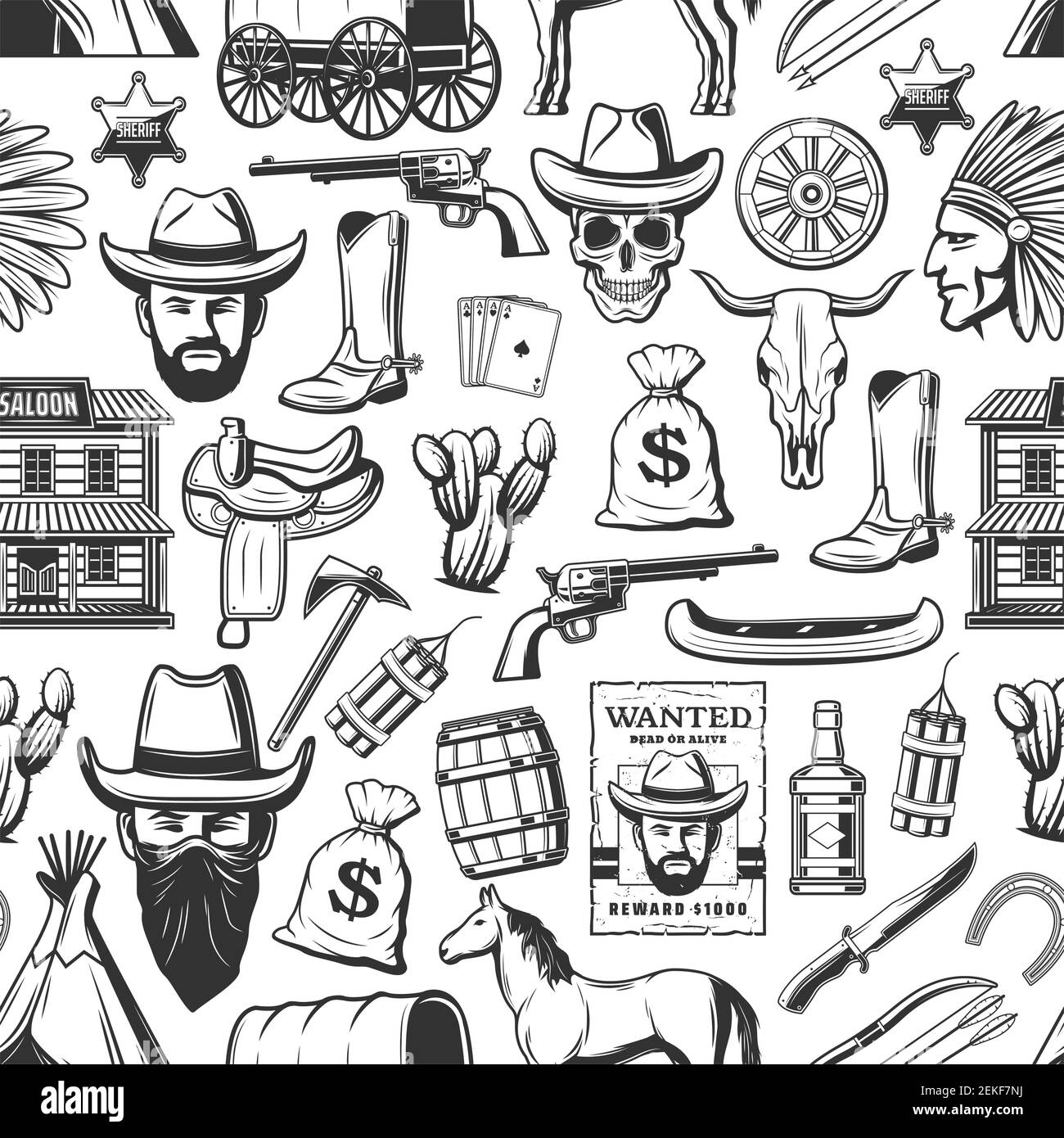 Western seamless pattern, wild west cowboy and Indian, cactus and coins, revolver and axe. Vector saloon and horse, boot and skull, play cards and dyn Stock Vector