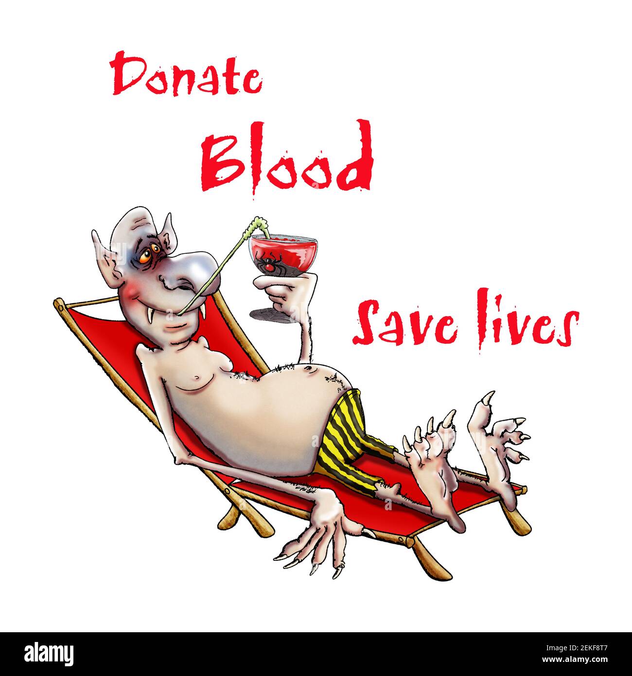 Vampire dracula with a glass of blood. Donate blood save lives. Illustration for prints.. Stock Photo