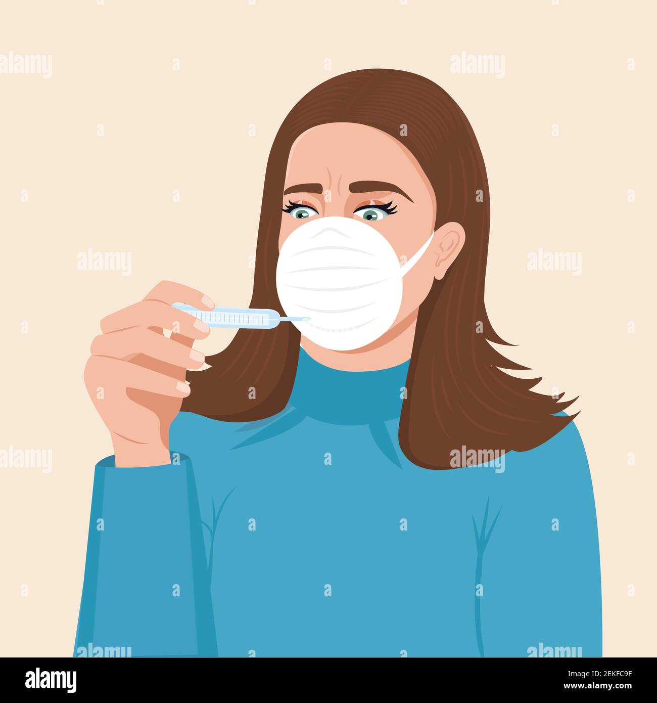 Woman feel unwell and use thermometer to check temperature by herself. Girl check temperature with thermometer. Female have fever and she feel sad Stock Vector