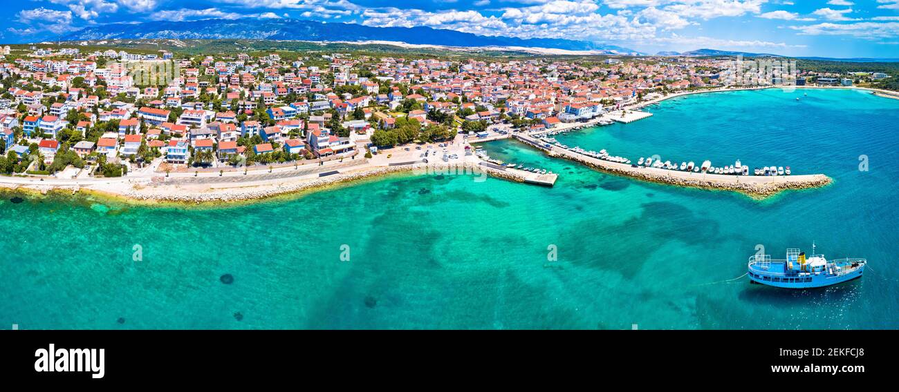 Town of Novalja beach and waterfront on Pag island aerial panoramic view, Dalmatia region of Croatia Stock Photo
