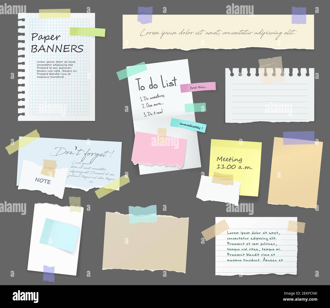 Paper notes on stickers, notepads and memo messages torn paper sheets ...