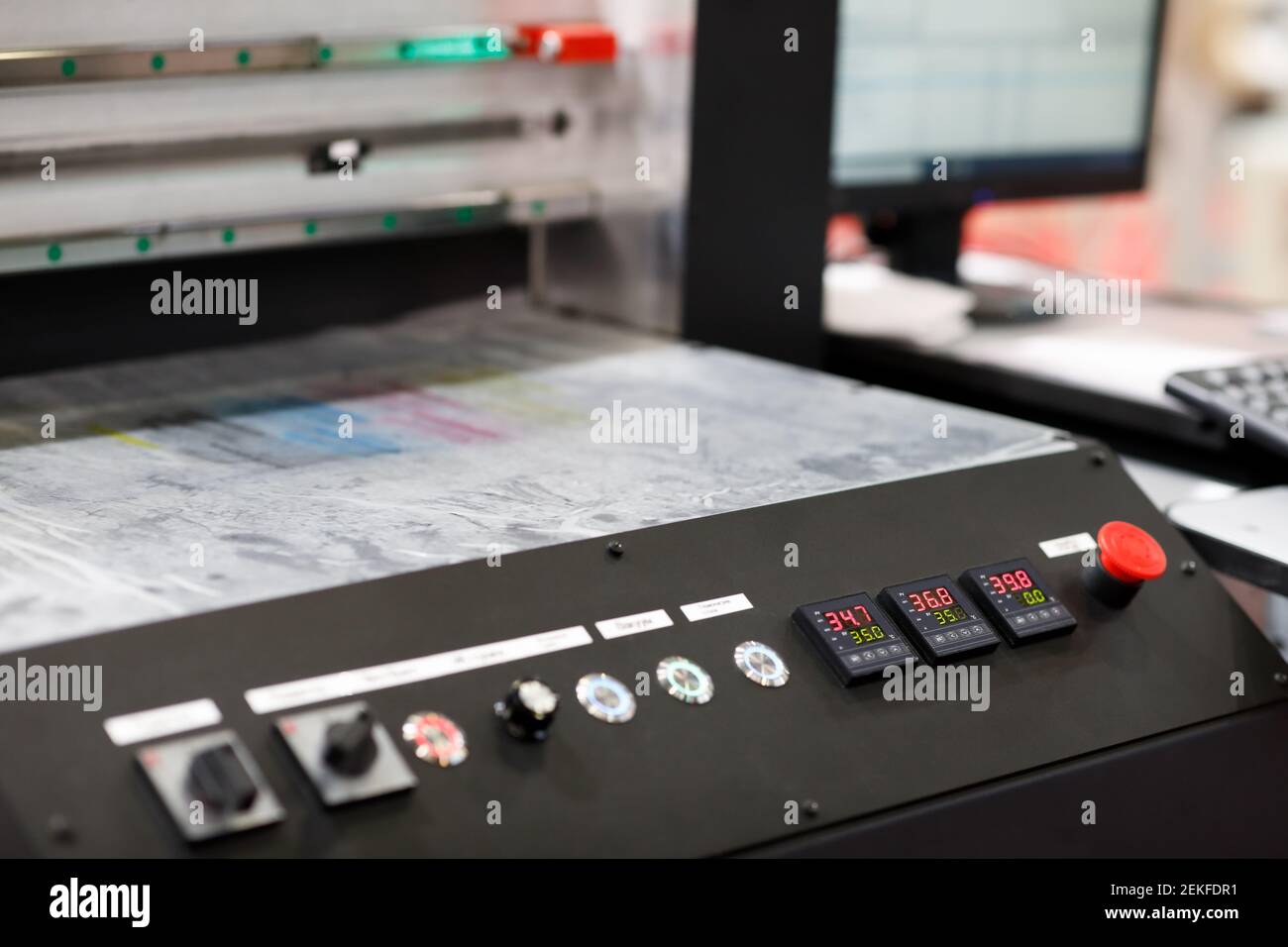 Control panel of large format solvent ink printer. Selective focus. Stock Photo