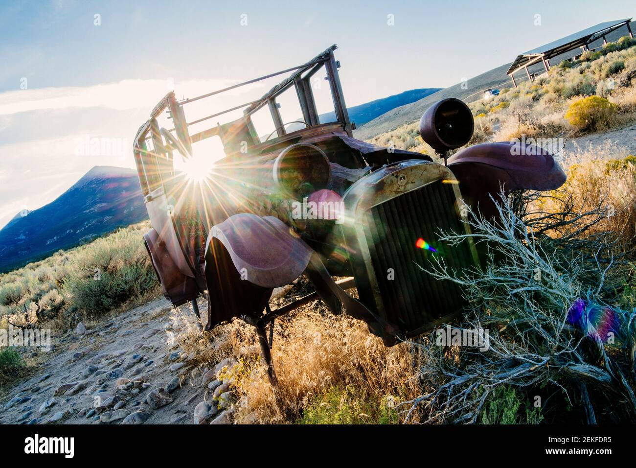 Old car frame at sunrise, Great Basin National Park, Nevada, USA Stock Photo