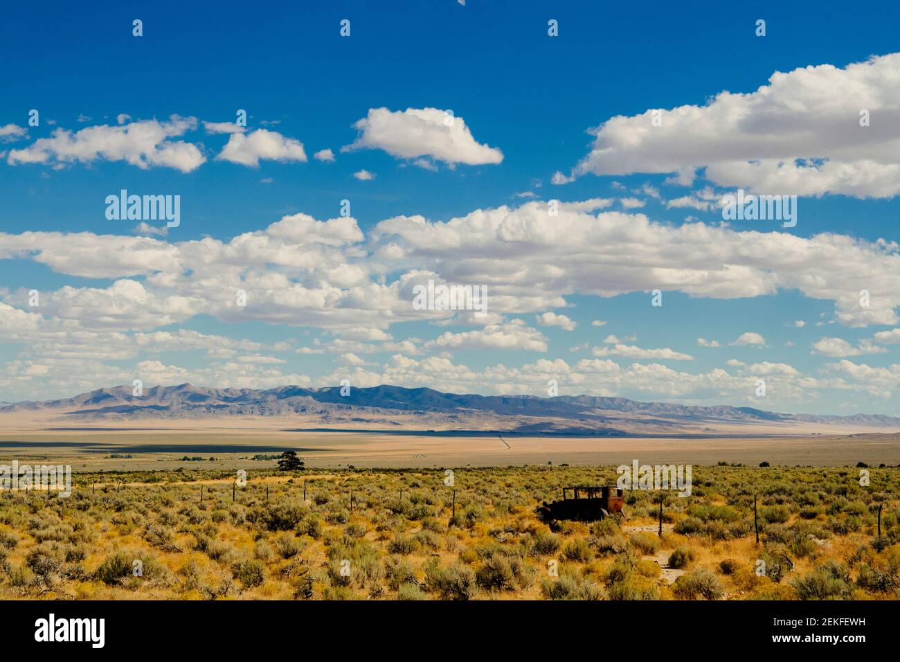 Old car wreck in desert, Great Basin National Park, Nevada, USA Stock Photo