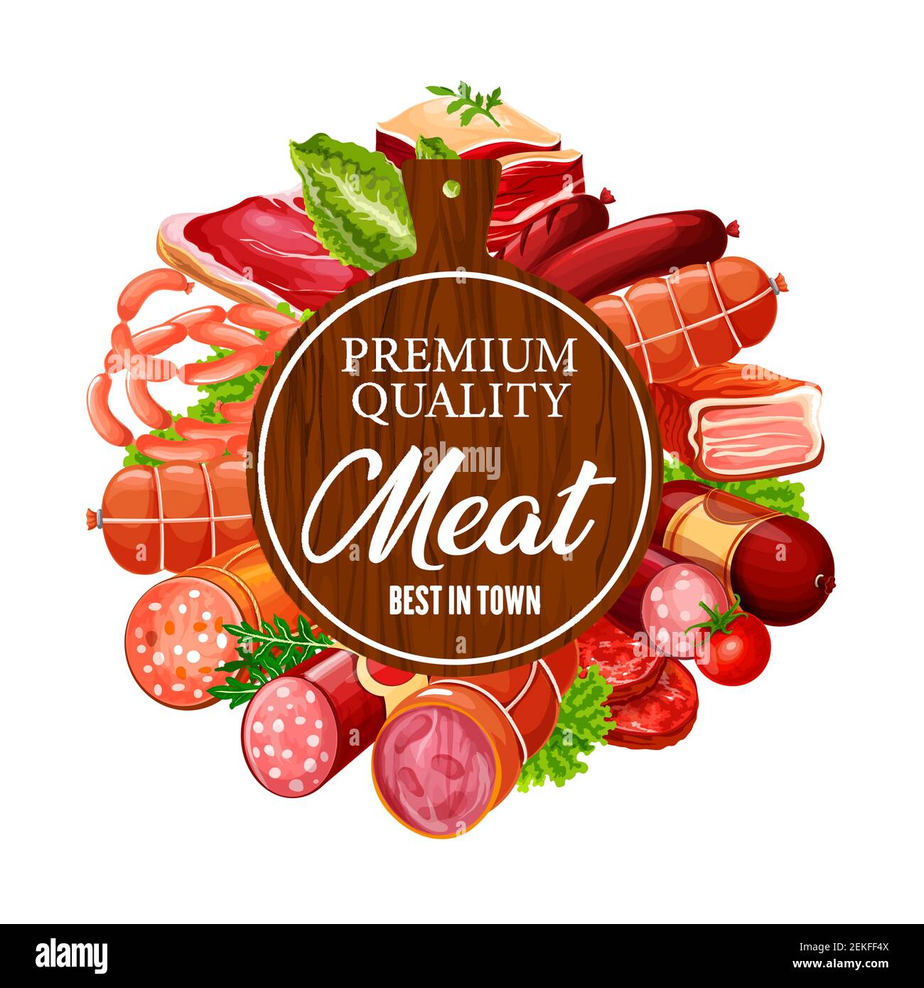 Meat products and sausages, butcher shop beef, lamb and pork food delicatessen. Vector butchery steak sirloin, ham and bacon delicatessen, salami and Stock Vector