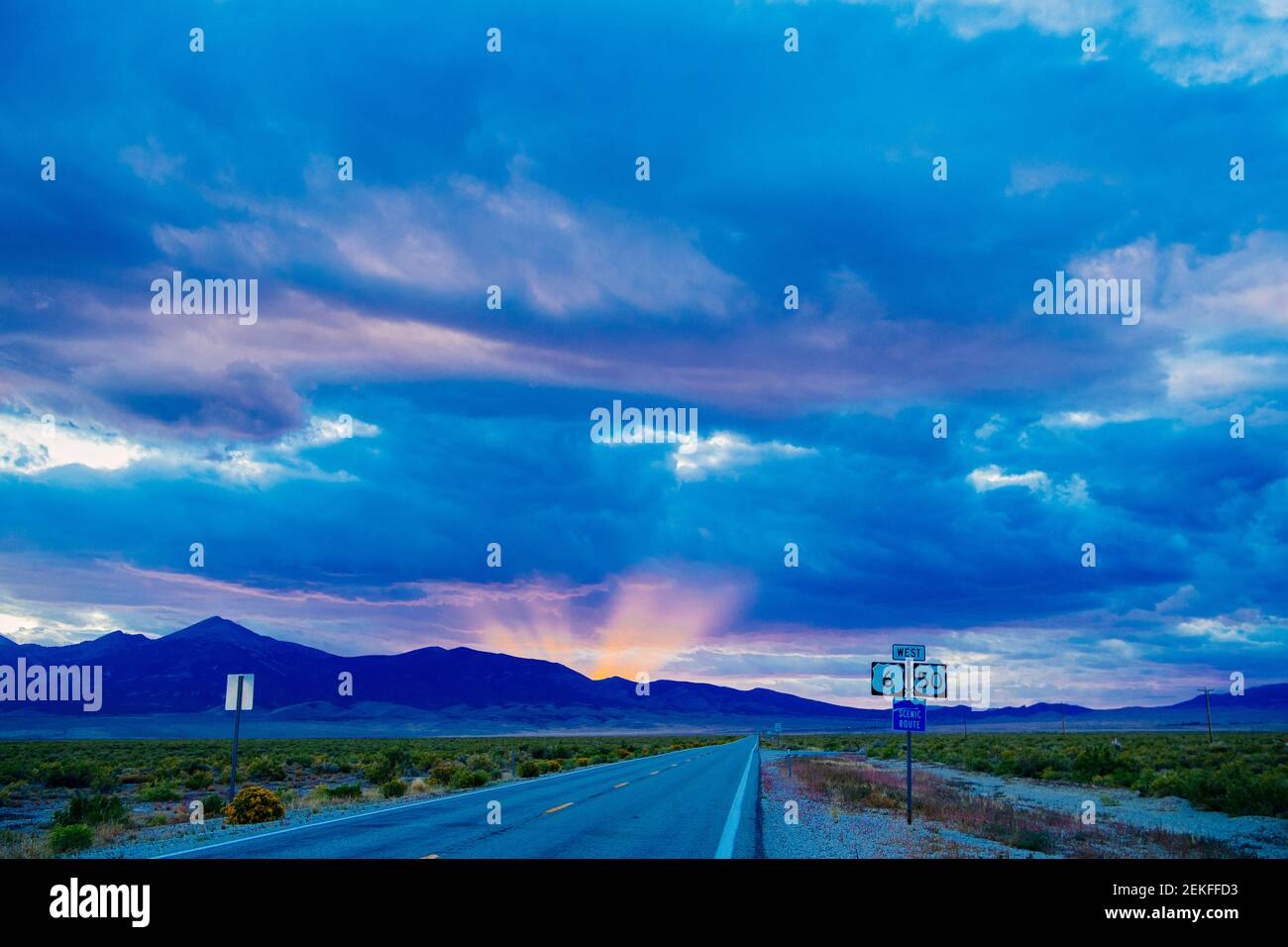 Highway at sunset, Great Basin National Park, Nevada, USA Stock Photo