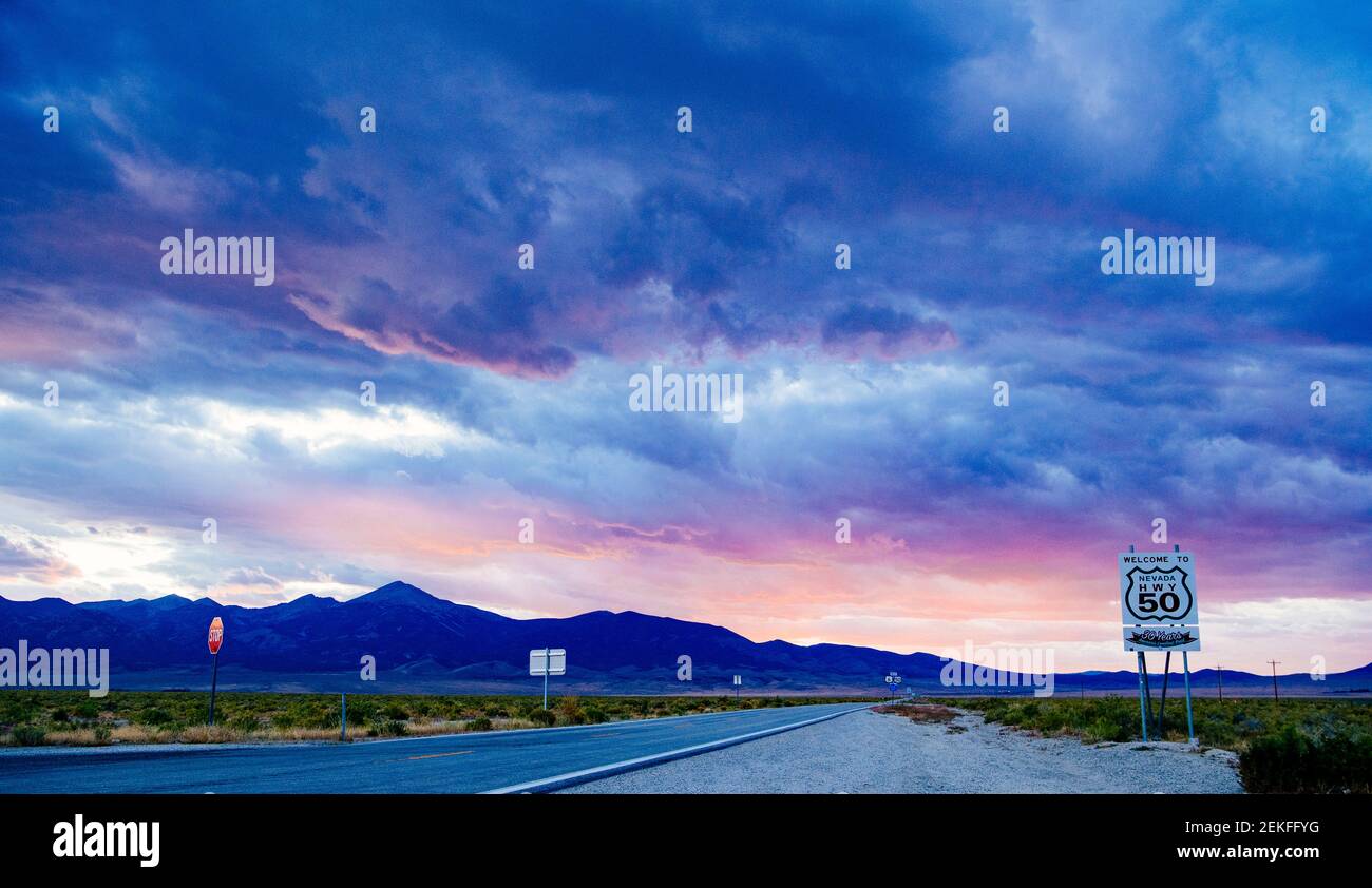 Highway at sunset, Great Basin National Park, Nevada, USA Stock Photo