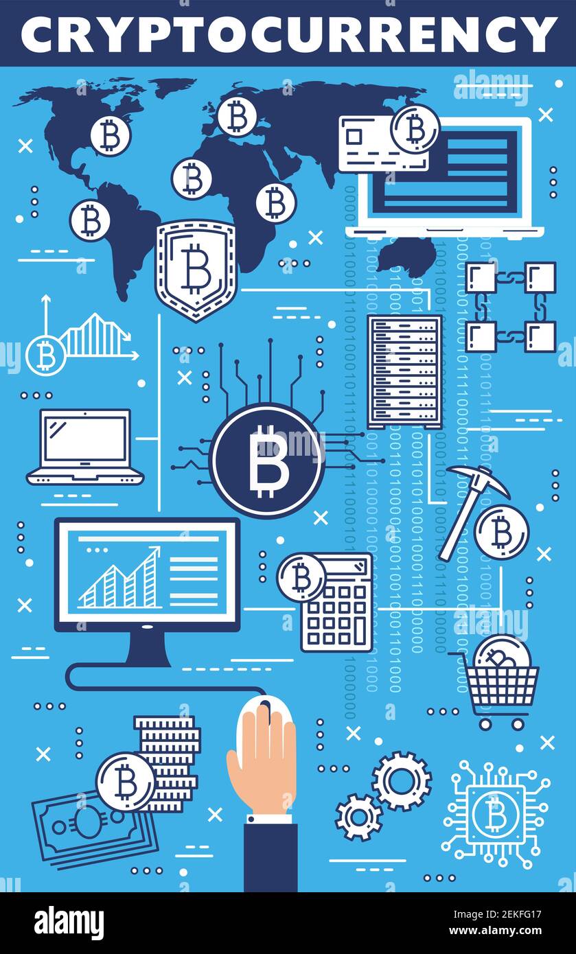 Cryptocurrency blockchain, bitcoin mining and crypto currency in world.  Vector digital money network servers, currency exchange, finance online  trade Stock Vector Image & Art - Alamy