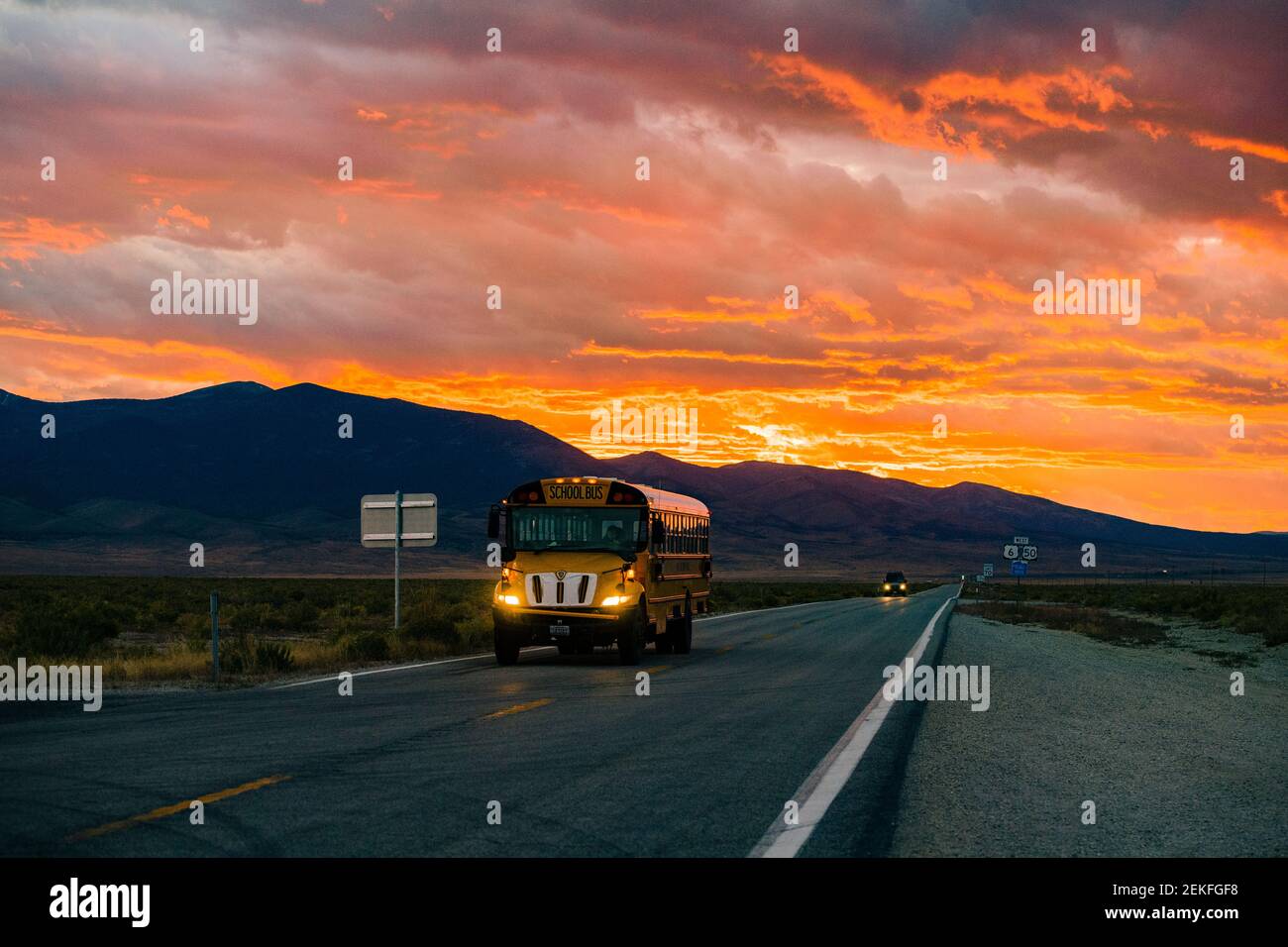 School bus on highway at sunset, Great Basin National Park, Nevada, USA Stock Photo