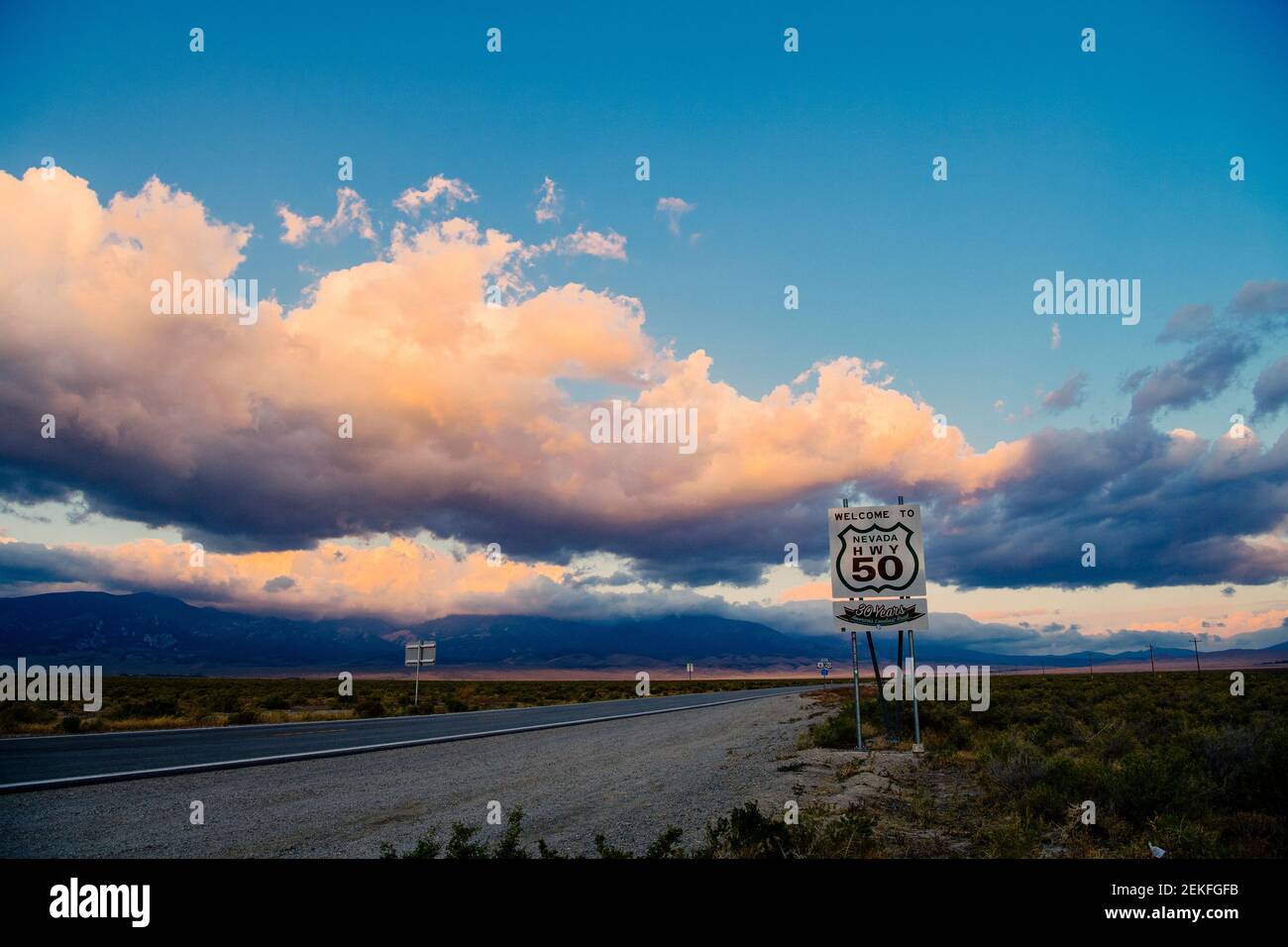 Highway at sunset, the Great Basin National Park, Nevada, USA Stock Photo