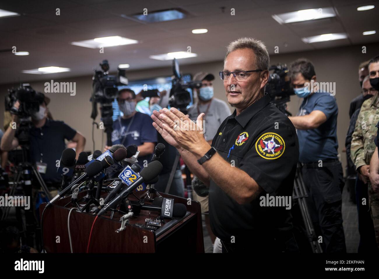 Kenosha County Sheriff David Beth speaks to members of the media in ...