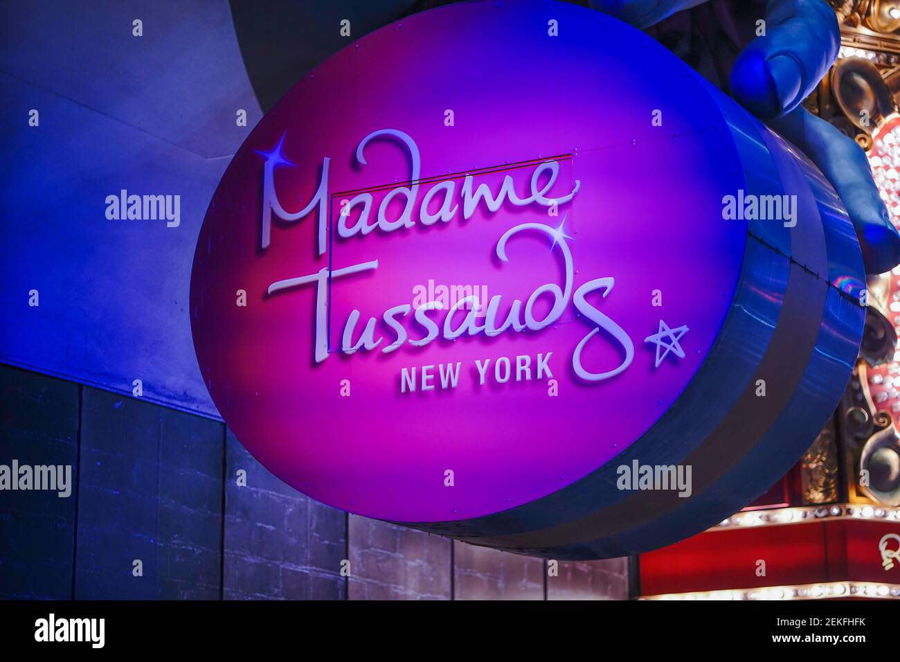 A view of Madame Tussauds sign. Madame Tussauds Wax Museum reopen in New York City after month of closure due to the Coronavirus (Covid-19) pandemic. (Photo by John Nacion / SOPA Images/Sipa USA) Stock Photo