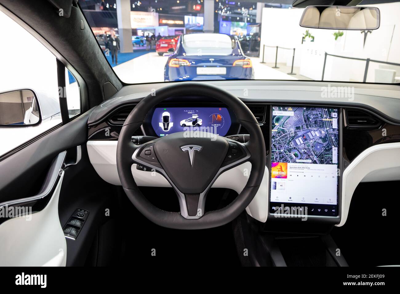 Interior view of the Tesla Model X luxury electric car showcased at the 97th Brussels Motor Show 2019 Autosalon. Belgium - January 18, 2019 Stock Photo
