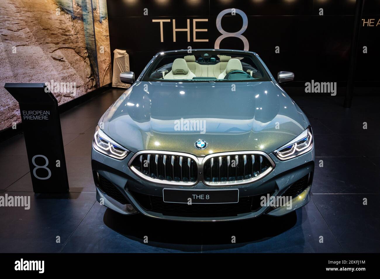 BMW 8 Series Cabrio car showcased at the Brussels Autosalon Motor Show. Belgium - January 18, 2019. Stock Photo