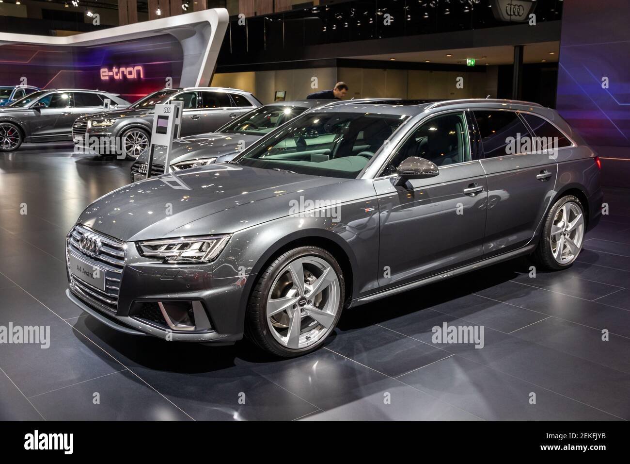 Audi A4 Avant car showcased at the Brussels Autosalon Motor Show. Belgium - January 18, 2019. Stock Photo